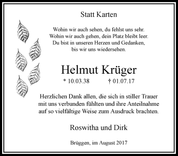 Traueranzeige von Helmut Krüger von trauer.extra-tipp-moenchengladbach.de