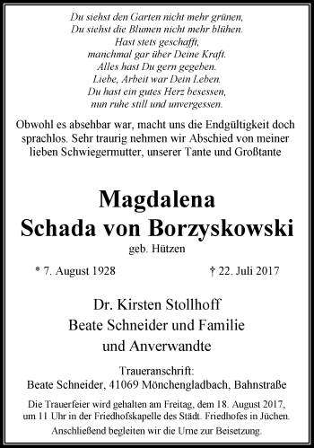 Traueranzeige von Magdalena Schada von Borzyskowski von trauer.stadt-kurier.de