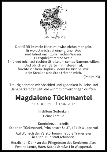 Traueranzeige von Magdalene Tückmantel von trauer.wuppertaler-rundschau.de