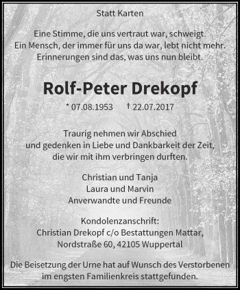 Traueranzeige von Roldf-Peter Drekopf von trauer.wuppertaler-rundschau.de