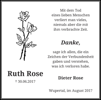 Traueranzeige von Ruth Rose von trauer.wuppertaler-rundschau.de