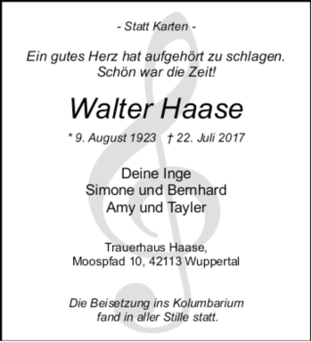 Traueranzeige von Walter Haase von trauer.wuppertaler-rundschau.de