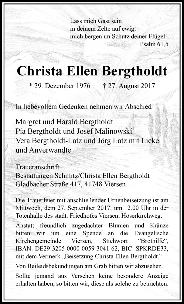  Traueranzeige für Christa Ellen Bergtholdt vom 24.09.2017 aus trauer.extra-tipp-moenchengladbach.de