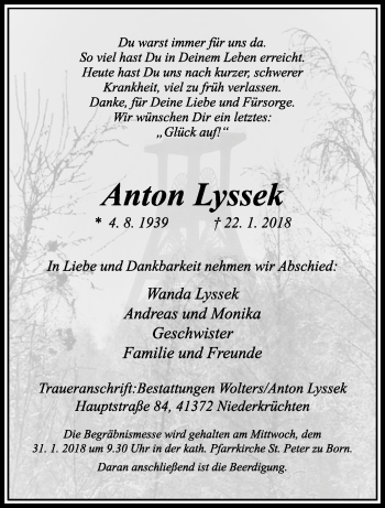 Traueranzeige von Anton Lyssek von trauer.extra-tipp-moenchengladbach.de