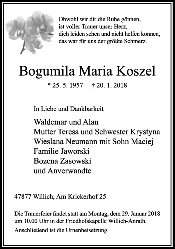 Traueranzeige von Bogumila Maria Koszel von trauer.extra-tipp-moenchengladbach.de