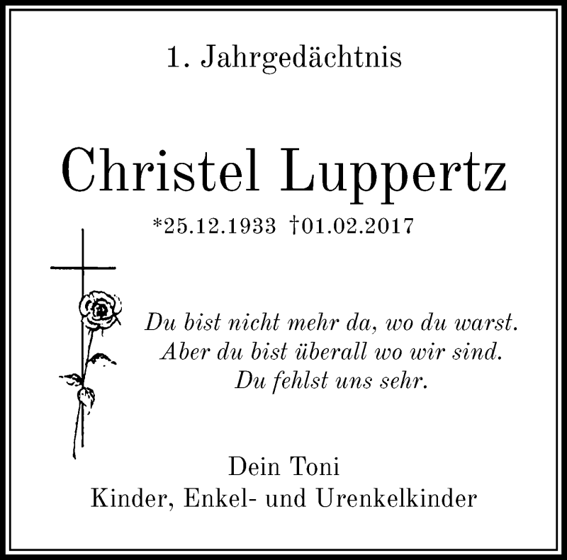  Traueranzeige für Christel Luppertz vom 28.01.2018 aus trauer.mein.krefeld.de