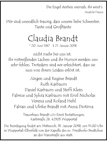 Traueranzeige von Claudia Brandt von trauer.wuppertaler-rundschau.de