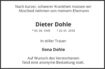 Traueranzeige von Dieter Dohle von trauer.wuppertaler-rundschau.de