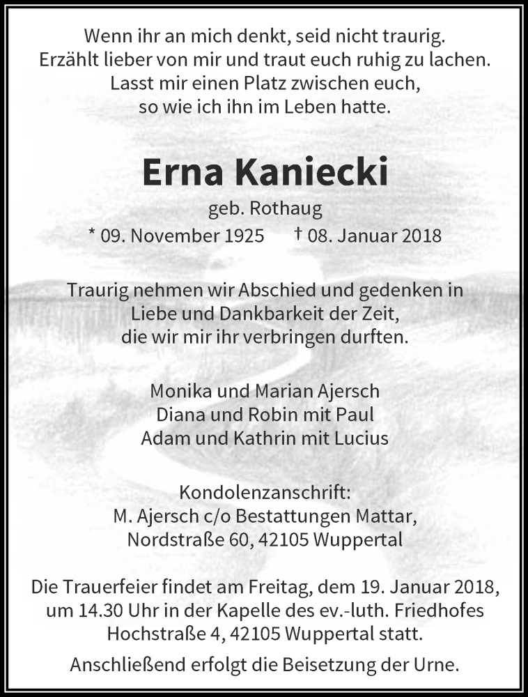  Traueranzeige für Erna Kaniecki vom 13.01.2018 aus trauer.wuppertaler-rundschau.de