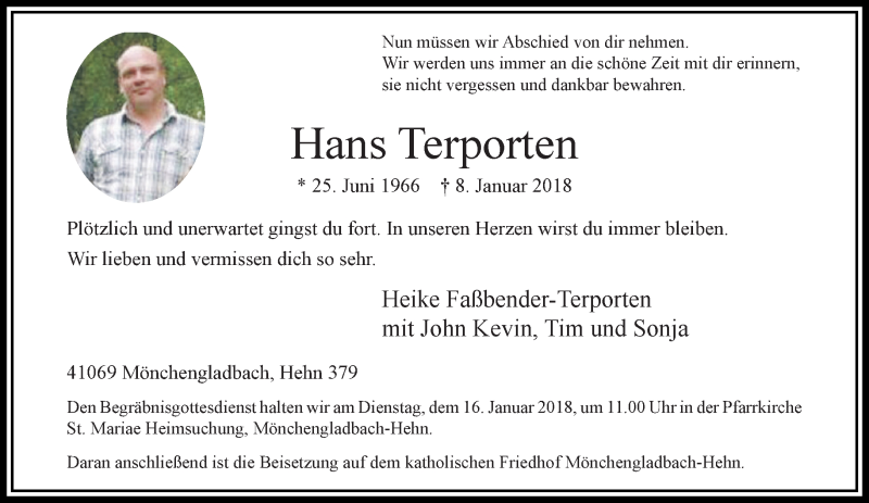  Traueranzeige für Hans Terporten vom 14.01.2018 aus trauer.extra-tipp-moenchengladbach.de