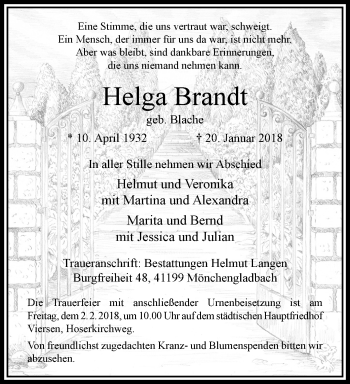 Traueranzeige von Helga Brandt von trauer.extra-tipp-moenchengladbach.de