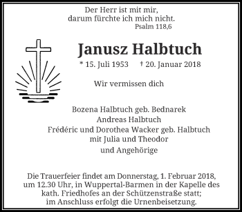 Traueranzeige von Janusz Halbtuch von trauer.wuppertaler-rundschau.de