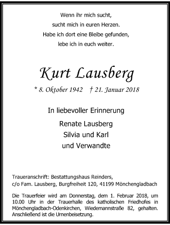 Traueranzeige von Kurt Lausberg von trauer.extra-tipp-moenchengladbach.de