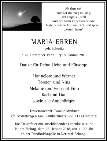 Traueranzeige von Maria Erren von trauer.extra-tipp-moenchengladbach.de