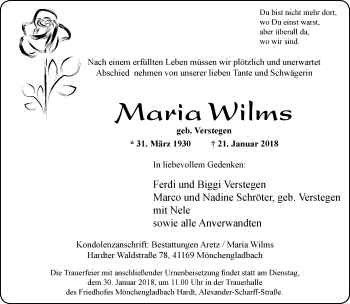 Traueranzeige von Maria Wilms von trauer.extra-tipp-moenchengladbach.de