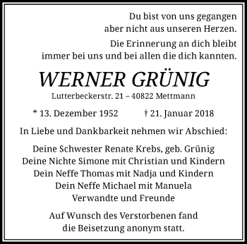 Traueranzeige von Werner Grünig von trauer.duesseldorfer-anzeiger.de