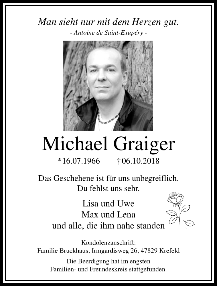  Traueranzeige für Michael Graiger vom 21.10.2018 aus trauer.mein.krefeld.de