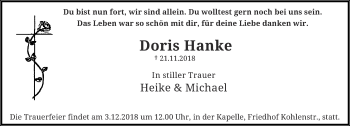 Traueranzeige von Doris Hanke von trauer.wuppertaler-rundschau.de