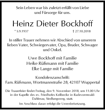 Traueranzeige von Heinz Dieter Bockhoff von trauer.wuppertaler-rundschau.de