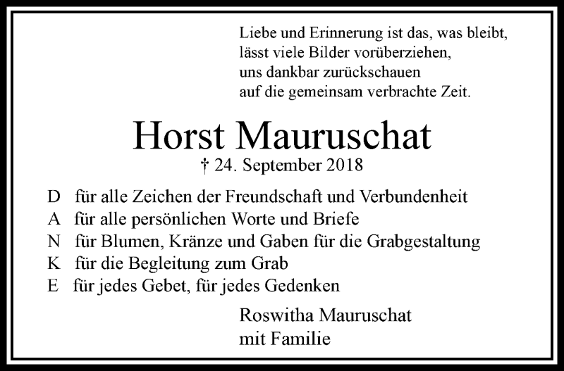  Traueranzeige für Horst Mauruschat vom 10.11.2018 aus trauer.wuppertaler-rundschau.de