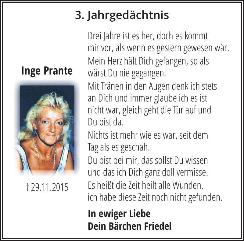 Traueranzeige für Inge Prante vom 25.11.2018 aus trauer.mein.krefeld.de