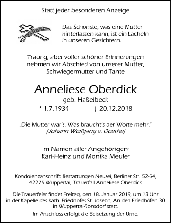 Traueranzeige von Anneliese Oberdick von trauer.wuppertaler-rundschau.de
