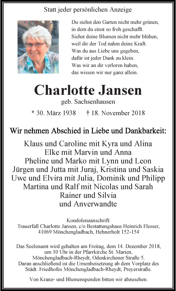  Traueranzeige für Charlotte Jansen vom 02.12.2018 aus trauer.extra-tipp-moenchengladbach.de