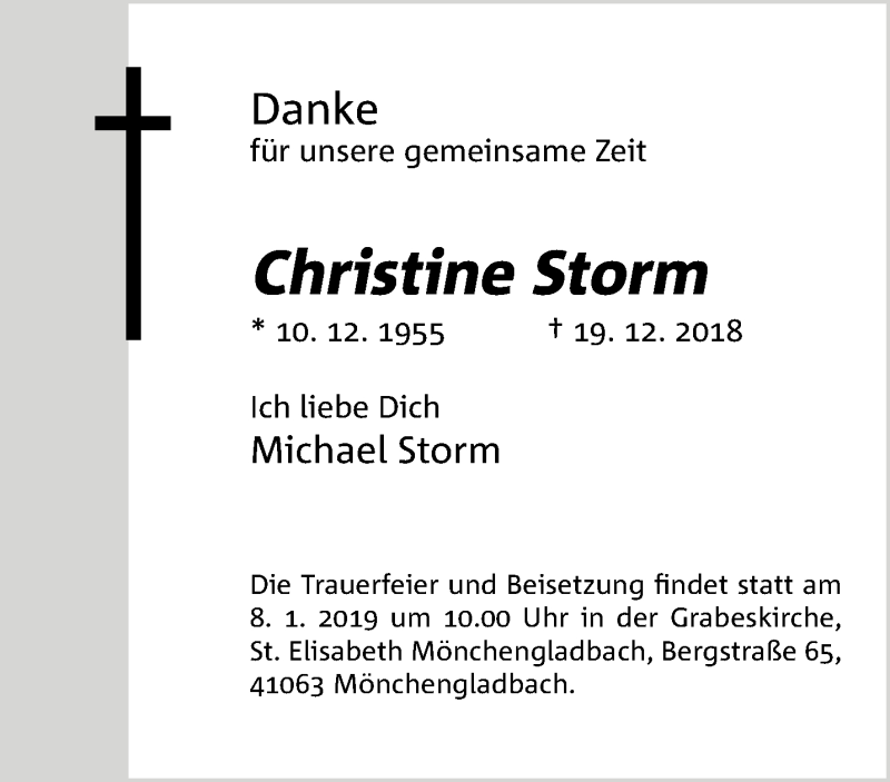  Traueranzeige für Christine Storm vom 30.12.2018 aus trauer.extra-tipp-moenchengladbach.de