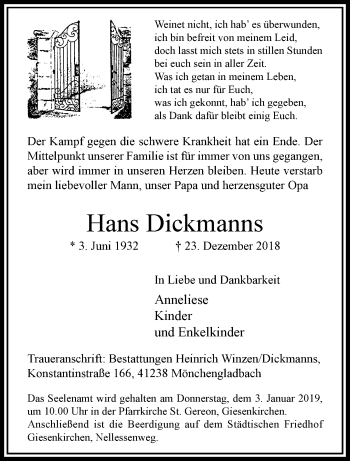 Traueranzeige von Hans Dickmanns von trauer.extra-tipp-moenchengladbach.de