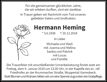 Traueranzeige von Hermann Heming von trauer.wuppertaler-rundschau.de