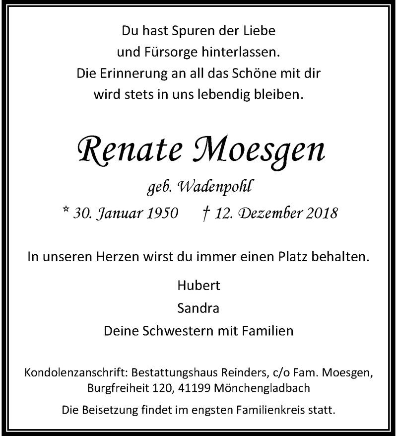  Traueranzeige für Renate Moesgen vom 16.12.2018 aus trauer.extra-tipp-moenchengladbach.de