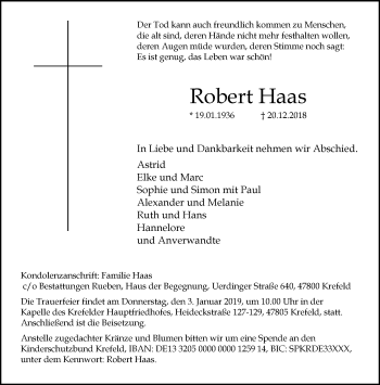 Traueranzeige von Robert Haas von trauer.mein.krefeld.de