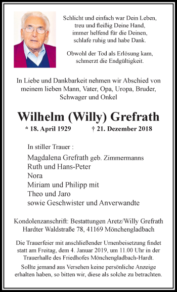 Traueranzeige von Wilhelm Willy Grefrath von trauer.extra-tipp-moenchengladbach.de