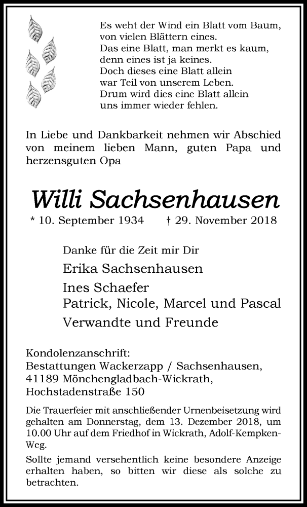  Traueranzeige für Willi Sachsenhausen vom 09.12.2018 aus trauer.extra-tipp-moenchengladbach.de