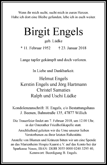 Traueranzeige von Birgit Engels von trauer.extra-tipp-moenchengladbach.de