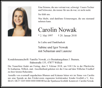 Traueranzeige von Carolin Nowak von trauer.extra-tipp-moenchengladbach.de