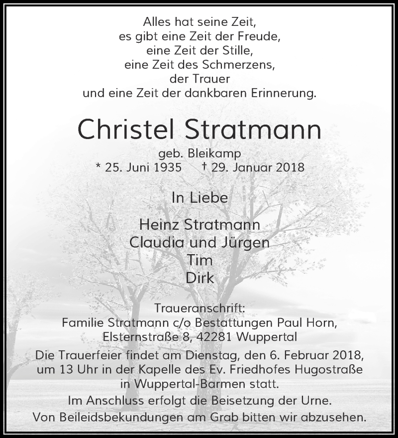  Traueranzeige für Christel Stratmann vom 03.02.2018 aus trauer.wuppertaler-rundschau.de
