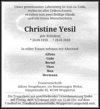 Traueranzeige von Christine Yesil von trauer.wuppertaler-rundschau.de