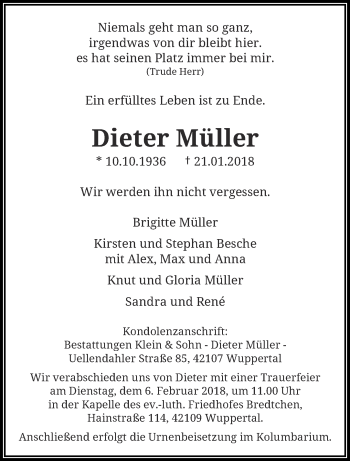 Traueranzeige von Dieter Müller von trauer.wuppertaler-rundschau.de