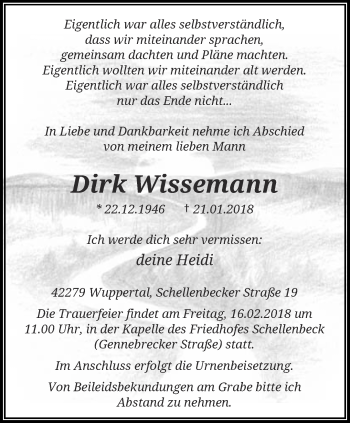 Traueranzeige von Dirk Wissemann von trauer.wuppertaler-rundschau.de