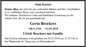 Traueranzeige von Gerta Brockers von trauer.extra-tipp-moenchengladbach.de