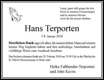 Traueranzeige von Hans Terporten von trauer.extra-tipp-moenchengladbach.de