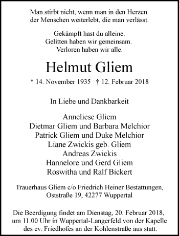 Traueranzeige von Helmut Gliem von trauer.wuppertaler-rundschau.de