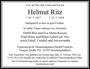 Traueranzeige von Helmut Ritz von trauer.extra-tipp-moenchengladbach.de