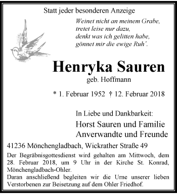Traueranzeige von Henryka Sauren von trauer.extra-tipp-moenchengladbach.de