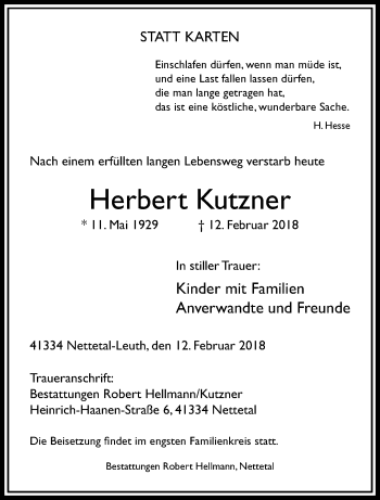 Traueranzeige von Herbert Kutzner von trauer.extra-tipp-moenchengladbach.de
