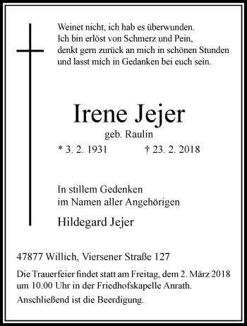 Traueranzeige von Irene Jejer von trauer.extra-tipp-moenchengladbach.de