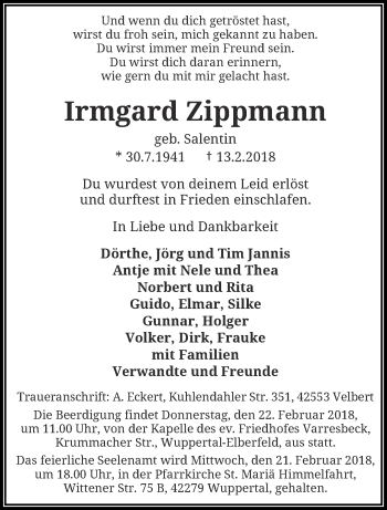 Traueranzeige von Irmgard Zippmann von trauer.wuppertaler-rundschau.de