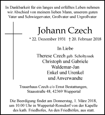 Traueranzeige von Johann Czech von trauer.wuppertaler-rundschau.de