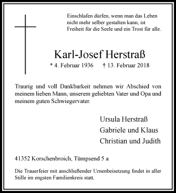 Traueranzeige von Karl-Josef Herstraß von trauer.extra-tipp-moenchengladbach.de